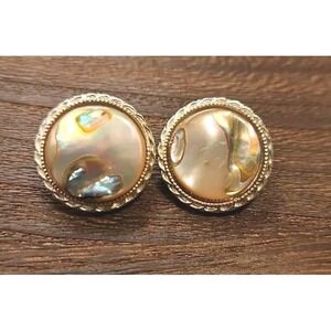 Vintage Japan Mark Gold Tone Button Disc Abalone Mother Of Pearl Earrings Estate